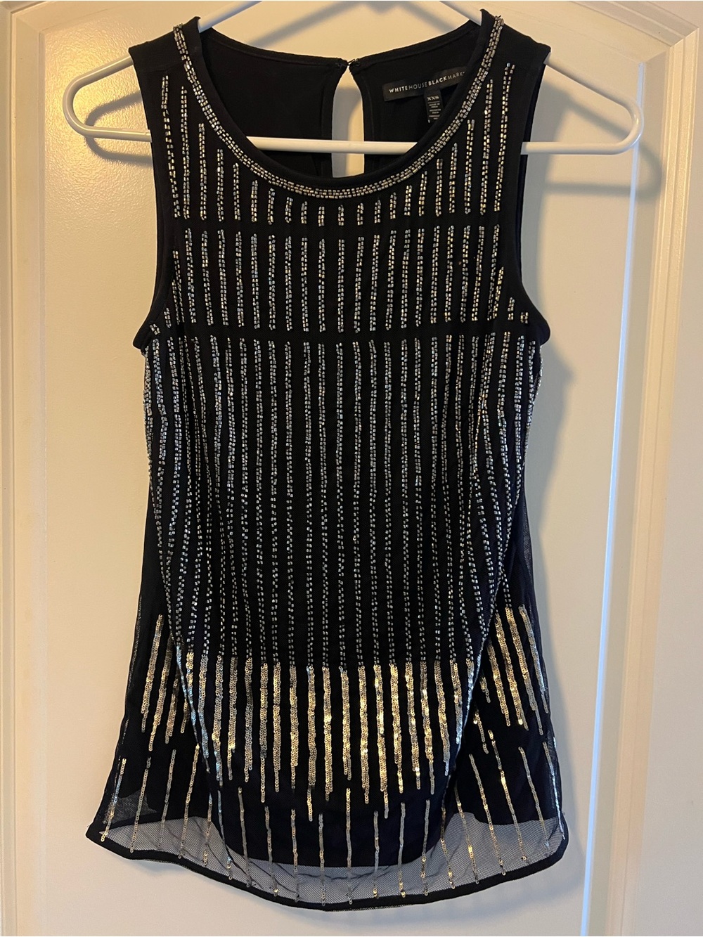 White House Black Market Black Tank Top with Silver Sequin Stripes